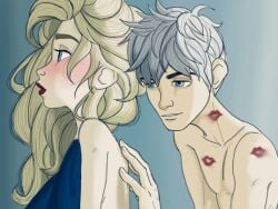 1boy 1girls after_sex blonde_female blonde_hair blue_eyes blush covering_breasts crossover crossover_pairing disney disney_princess dreamworks elsa elsa_(frozen) female frozen_(film) hand_on_back jack_frost jack_frost_(rise_of_the_guardians) jelsa kiss_mark kiss_mark_on_chest lipstick lipstick_mark lipstick_on_chest lipstick_on_neck male male/female mars_mayhem paramount_pictures rise_of_the_guardians shirtless silver_hair straight suggestive