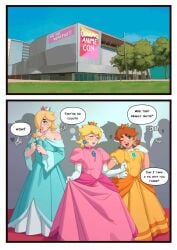 3boys 3femboys absurdres ambush_(trap) androgynous background_people blonde blonde_hair blonde_hair_male blonde_male blue_dress blue_eyes blush brown_hair brown_hair_male brunette brunette_hair closed_eyes closed_mouth collarbone comic comic_page convention cosplay crossdresser crossdressing crossdressing_male crossgender crossplay crown cute_male dark-skinned_femboy dark-skinned_male dark_skin double-parted_bangs dress earrings elbow_gloves english_text faceless faceless_character femboy femboy_focus femboy_only ftm_crossgender gay genderbend genderbent genderswap_(ftm) girly gloves green_eyes hair_over_one_eye highres jewelry larger_femboy larger_male light-skinned_femboy light-skinned_male light_skin lips long_dress long_sleeves male male/male male_focus male_on_male male_only mario_(series) medium_hair mini_crown multiple_boys multiple_views navel nintendo otoko_no_ko otokonoko parted_bangs pink_dress pink_lips pretty_boy prince_apricot prince_darcy prince_ronaldo princess_daisy princess_daisy_(cosplay) princess_dress princess_peach princess_peach_(cosplay) princess_rosalina princess_rosalina_(cosplay) rizdraws rule_63 shirt short_hair shy shy_smile stomach tall_male taller_femboy taller_male thick_eyebrows trap trio trio_focus upper_body v white_gloves yaoi yellow_dress