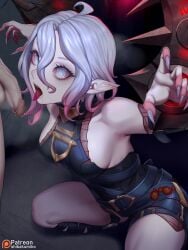 1boy absurdres ahoge artist_name bare_shoulders belt black_belt breasts briar_(league_of_legends) censored chained_wrists colored_sclera female fingernails grey_eyes grey_hair grey_nails hair_between_eyes highres kumiko_shiba large_breasts league_of_legends multicolored_hair nail_polish patreon_username penis pink_hair pink_sclera pointy_ears saliva sharp_fingernails short_hair squatting straight teeth testicles tongue tongue_out two-tone_hair upper_teeth_only