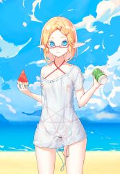 beach blonde_hair blue_eyes bondage bound breasts can clitoris_piercing cloud cloudy_sky covered_nipples cowboy_shot female female_urethral_insertion food fruit hair_ornament hairclip holding holding_can holding_food holding_fruit kearful light_frown long_shirt medium_breasts melon melon_slice nipple_piercing object_insertion ocean off_shoulder original piercing pointy_ears pussy_piercing pussy_plug see-through semi-rimless_eyewear sex_toy shirt sky soda_can solo star_(symbol) uncensored urethral_insertion vaginal_object_insertion vaginal_penetration vibrator white_shirt wide_hips