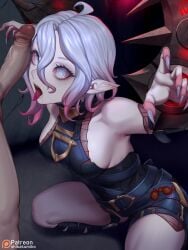 1boy absurdres ahoge artist_name bare_shoulders belt black_belt breasts briar_(league_of_legends) chained_wrists colored_sclera erection female fingernails grey_eyes grey_hair grey_nails hair_between_eyes highres kumiko_(aleron) kumiko_shiba large_breasts league_of_legends multicolored_hair nail_polish open_mouth patreon_username penis pink_hair pink_sclera pointy_ears sharp_fingernails short_hair squatting straight teeth testicles tongue tongue_out two-tone_hair upper_teeth_only