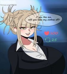 1girls big_breasts blonde_hair blush boku_no_hero_academia breasts cleavage clothed_female corngak english_text fangs himiko_toga huge_breasts light-skinned_female my_hero_academia office_lady open_mouth patreon_link patreon_url solo solo_female strip_game text text_bubble watermark yellow_eyes