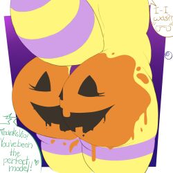 anus arthropod ass bee big_butt bodypaint bottom_heavy butt_focus colored dialogue embarrassed food fruit fur halloween hi_res holidays hymenopteran insects jack-o'-lantern lunalust paint painted_butt plant pumpkin thorax user_avatar vio_(bottomheavybee) yellow_body yellow_fur