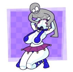 1boy 1girls animatronic animatronic_female animatronic_girl ballerina ballora ballora_(fnafsl) big_breasts blowjob crushtrap deep_blowjob deep_penetration deep_throat deepthroat fellatio five_nights_at_freddy's five_nights_at_freddy's:_sister_location oral oral_sex purple_lips purple_lipstick thick_lips throat_fuck throat_swabbing white_body