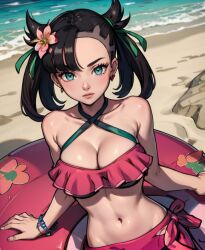 1girls ai_generated aqua_eyes beach bikini black_hair cleavage flower_in_hair marnie_(pokemon) pokemon pokemon_masters pokemon_ss stable_diffusion summer_marnie_(pokemon_masters)