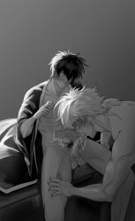 2boys alcohol blowjob blush drunk erection fellatio gay gintama gintoki_sakata hijikata_toshiro kimono kumbu looking_down male male_only male_pubic_hair monochrome open_clothes open_kimono oral penis pouring_on_self pubic_hair sake saliva sitting sloppy sloppy_blowjob uncensored yaoi