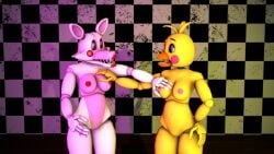 3d animatronic animatronic_female animatronic_girl animatronics beak blue_eyes breast_grab breasts checkered_background checkered_wall chica female female_only five_nights_at_freddy's five_nights_at_freddy's_2 fnaf grabbing_breasts hand_on_hip looking_at_another looking_at_each_other looking_at_partner mangle_(fnaf) naked naked_female nude nude_female pink_cheeks pink_nipples red_cheeks red_lipstick red_nipples source_filmmaker touching_breast touching_each_other toy_chica_(fnaf) white_body yellow_body yellow_eyes