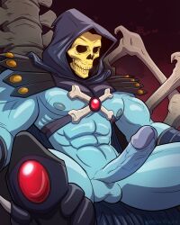 balls bara blue_body blue_skin boner byron_power erection hood male male_only masters_of_the_universe muscles muscular penis sitting skeletor skull skull_head solo solo_male