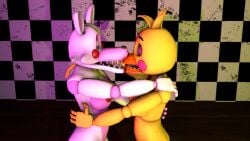 animatronic animatronics beak checkered_background checkered_wall chica chica_(fnaf) chicken chicken_girl closed_eyes female female_only five_nights_at_freddy's five_nights_at_freddy's_2 fnaf fox fox_girl hug hugging kissing love mangle_(fnaf) naked naked_female nude nude_female pink_cheeks pink_nipples red_cheeks red_lipstick red_nipples source_filmmaker white_body white_fox wrapping_arms_around yellow_body yuri