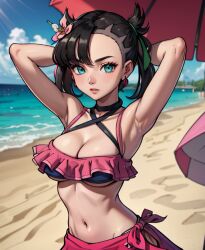 1girls ai_generated aqua_eyes arms_behind_head beach bikini black_hair cleavage marnie_(pokemon) pokemon pokemon_masters pokemon_ss stable_diffusion summer_marnie_(pokemon_masters)