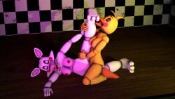 animatronic animatronic_female animatronic_girl animatronics arm_up breasts checkered_wall eyess_closed female female_only five_nights_at_freddy's five_nights_at_freddy's_2 fnaf grabbing_leg leg_up lesbian_sex love mangle_(fnaf) naked naked_female nude nude_female on_floor open_mouth pink_cheeks pink_nipples pleasure pleasure_face pleasured red_cheeks red_lipstick red_nipples rubbing_pussy scissoring scissoring_position source_filmmaker toy_chica_(fnaf) tribadism white_body wooden_floor yellow_body yuri