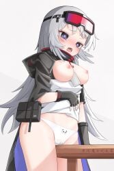 absurdres arknights between_breasts black_cape black_gloves blue_eyes breasts breasts_out cameltoe cape clothes_pull corner_masturbation crotch_rub female female_masturbation fingerless_gloves gloves goggles goggles_on_head grey_hair heart heart-shaped_pupils highres hood hood_down hooded_cape jiuyu_qame large_breasts long_hair masturbation mulberry_(arknights) open_mouth panda_panties panties pouch saliva shirt shirt_pull simple_background solo symbol-shaped_pupils table_humping underwear very_long_hair white_background white_panties white_shirt