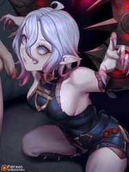 1boy absurdres ahoge artist_name bare_shoulders belt black_belt breasts briar_(league_of_legends) chained_wrists colored_sclera female fingernails grey_eyes grey_hair grey_nails hair_between_eyes highres kumiko_(aleron) kumiko_shiba large_breasts league_of_legends multicolored_hair nail_polish parted_lips patreon_username penis pink_hair pink_sclera pointy_ears sharp_fingernails short_hair squatting straight teeth testicles two-tone_hair