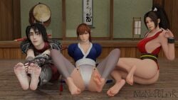 3d 3girls asian ass dead_or_alive dojo feet foot_fetish foot_focus japanese kasumi_(doa) king_of_fighters kunoichi mai_shiranui nail_polish ninja painted_toenails soles soul_calibur stretching_legs taki toenail_polish toes