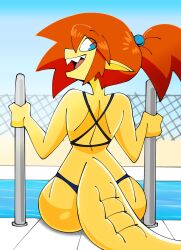 ass female original_character pointy_ears ponytail pool quintzy_xd sharp_teeth solo swimsuit tail wide_hips yellow_skin