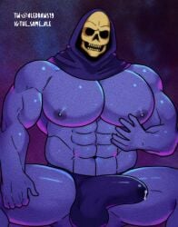 aledraws19 balls bara big_pecs blue_body blue_skin boner erection erection_under_clothes hood male male_only masters_of_the_universe muscles muscular penis sitting skeletor skull skull_head solo solo_male spread_legs