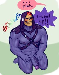 1boy balls bara big_penis blue_body blue_skin blush boner dohorth erection gay hood male male_only masters_of_the_universe muscles muscular on_knees pantsless penis skeletor skull skull_head solo solo_male speech_bubble