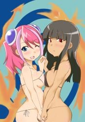 2girls bikini black_hair blue_eyes blush breasts hiiragi_yuzu julia_krystal kotsu_masumi looking_at_viewer open_mouth pink_hair red_eyes wink yu-gi-oh! yu-gi-oh!_arc-v yuyurori zuzu_boyle