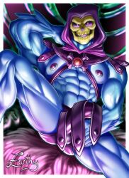 balls bara blue_body blue_skin hand_behind_head hood male male_only masters_of_the_universe muscles muscular penis sitting skeletor skull skull_head solo solo_male spread_legs zarthy000