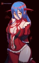 1girls alternate_costume alternate_hairstyle azura_(fire_emblem) bare_midriff bare_thighs blood bloodless_(cosplay) bloodstained:_ritual_of_the_night blue_hair braid braided_ponytail breasts center_opening cleavage cosplay dress fangs female female_only fire_emblem fire_emblem_fates hair_between_eyes halloween halloween_costume horns large_breasts light_blue_hair long_hair midriff nintendo raydango red_pupils revealing_clothes smile solo thighhighs thighs very_long_hair yellow_eyes