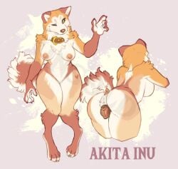 akita akita_inu animal_genitalia animal_pussy anthro anus areola ass breasts canid canine canine_genitalia canine_pussy canis collar domestic_dog female genitals hoot_(artist) mammal nipples nude one_eye_closed pussy solo spitz