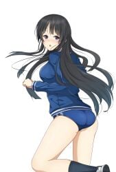 big_butt black_hair blue_jacket blush butt embarrassed hair jacket k-on! kneehighs long_hair looking_at_viewer mio_akiyama_(k-on!) open_mouth socks thighs tracksuit