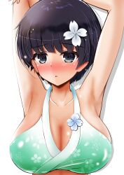 1girls armpits arms_behind_head arms_up bangs bikini_top black_eyes blue_hair blunt_bangs blush bust_portrait cleavage collarbone eyebrows_visible_through_hair female flower flower_in_hair front_view large_breasts light-skinned_female light_skin looking_at_viewer mash_mao medium_hair senran_kagura simple_background solo straight_hair white_background yozakura_(senran_kagura)