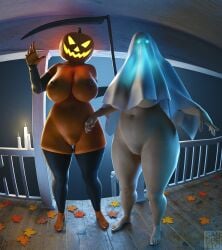 2girls 3d areolae armwear bedsheet_ghost belly_button big_breasts big_hips big_thighs bottomless bottomless_female busty candle detailed_background duo duo_female females_only food food_creature front_view ghost ghost_girl glowing_eyes halloween house humanoid jack-o'-lantern leaves legwear looking_at_viewer night nipples nude nude_female orange_body outside plant plant_humanoid porch pumpkin pumpkin_girl pumpkin_head sandreiio scythe spirit standing veil vulva white_body