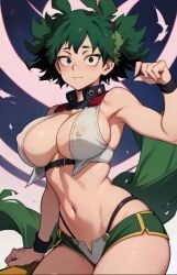 ai_generated belly belly_button big_breasts blush breasts deku female female_deku female_only genderswap_(mtf) green_eyes green_hair hero_outfit_(mha) izuku_midoriya my_hero_academia nipples_visible_through_clothing rule_63 see-through see-through_clothing smile smiling smiling_at_viewer solo strong strong_woman thick_thighs