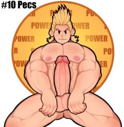 1boy abs balls bara big_balls big_muscles big_nipples big_pecs big_penis blonde_hair english_text erection gay gepp_(artist) hair huge_balls huge_cock human hunk light_skin light_skinned_male male male_only mirio_togata muscular muscular_human muscular_male my_hero_academia navel nipples nude pecs penis solo text yaoi