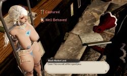 3d au_ra blue_nipples bondage breasts captured cev_(xiv) cev_rosa curvy debuff english english_text enslaved female female_focus final_fantasy final_fantasy_xiv flower_in_hair gameplay_mechanics gpose(ffxiv) honeysham horn horns large_breasts leaking leaking_pussy long_hair nipples pubic_hair raen restrained scales slave slavegirl status_effect thick_thighs unusual_bodily_fluids white_hair