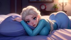 ai_generated ass ass_up bed big_ass big_breasts clothed disney elsa_(frozen) face_down_ass_up frozen_(film) kleesy looking_at_viewer tight_clothing white_hair