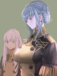 2girls bags_under_eyes blue_hair braid breast_envy breasts brown_eyes buttons closed_mouth commentary_request crown_braid dress female female_only fire_emblem fire_emblem:_three_houses garreg_mach_monastery_uniform girl_staring_at_guy's_chest green_dress hair_between_eyes height_difference highres large_breasts long_hair looking_at_another looking_away lysithea_von_ordelia marianne_von_edmund meme midori_sandori multiple_girls nintendo purple_eyes sidelocks simple_background uniform