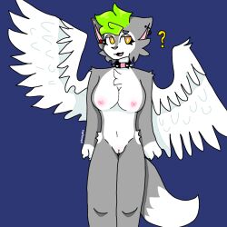 animator anthro breasts furry fursona gray_fur green_hair horny nipples pink_nipples pink_pussy presenting pterolycus standing teasing winged_wolf wings wolf wolf_tail yellow_eyes