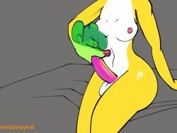 animated anthro bed breasts buckteeth closed_eyes conjoined duo fellatio female fur furniture green_body green_fur green_hair gynomorph hair head_hands intersex lagomorph leporid male_only mammal mouse murid murine nerdawaykid on_bed oral penile rabbit rodent sex sitting teeth tion what