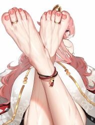 1girls barefoot female foot_fetish genshin_impact legs pov pov_feet sole_female soles solo solo_female toe_ring toenail_polish toes wd_(1106592840) yae_miko