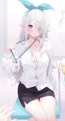 before_sex belly_button blush clothed covered_nipples covering_breasts deyui long_hair looking_at_viewer nijisanji nijisanji_en no_bra pomu_rainpuff red_eyes shirt short_skirt silver_hair skirt virtual_youtuber