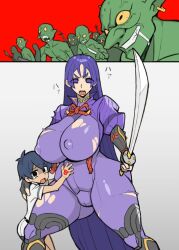 1boy 1girls angry big_breasts braid crying crying_with_eyes_open damaged_clothes fate_(series) female fgo_servant_vs_goblin goblin goblin_male holding_sword huge_breasts huge_thighs long_hair male_with_female minamoto_no_raikou_(fate/grand_order) nikujuu_uc open_mouth purple_eyes purple_hair short_hair simple_background tattoo tattoo_on_hand tears thick_thighs younger_male