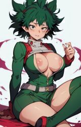 ai_generated big_nipples breasts breasts_out clothing deku female female_deku female_only genderswap_(mtf) green_eyes green_hair hero_outfit_(mha) izuku_midoriya izuku_midoriya_(hero_outfit) legs my_hero_academia nipple_slip nipples nipslip rule_63 shirt_open solo thick thick_ass thick_legs thick_thighs thighhighs