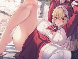 akai_haato cross_necklace gigantic_breasts gigantic_thighs hololive huge_ass magowasabi nun_costume painted_toenails prisoner thick_thighs tied_up virtual_youtuber wide_hips x_hair_ornament