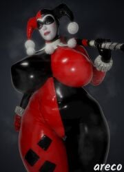 areco batman_(series) big_breasts bodysuit clothed clown_girl dc female female_only harley_quinn harley_quinn_(classic) holding_object latex latex_suit makeup only_female thick_thighs voluptuous wide_hips