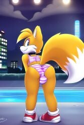 1boy a.i.ddicted ai_generated ass ass_focus bent_over bulge city crop_top femboy feminine_tails furry girly green_eyes lights neon_lights night novelai pool presenting_hindquarters smile smiling smiling_at_viewer sonic_(series) sonic_the_hedgehog_(series) striped_panties swimming_pool tails thick_ass thick_butt thick_thighs