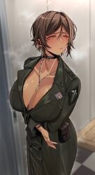 1girls badge big_breasts blush bracelet breasts brown_hair busty choker cleavage coat collarbone curvaceous curvy curvy_body curvy_female curvy_figure dark-skinned_female dark_skin earrings female huge_breasts large_breasts limbus_company military_jacket military_uniform necklace necklace_between_breasts outis_(limbus_company) piercing project_moon rhlatm short_hair solo sweat voluptuous yellow_eyes