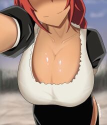 ambiguous_pov big_breasts breast_focus breasts clothing dummyseven female female_only fully_clothed headpat huge_breasts lupusregina_beta maid maid_uniform monster_girl overlord_(maruyama) pov red_hair smile smiling solo solo_female solo_focus tagme werewolf