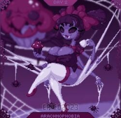 2d big_ass big_breasts bow bow_ribbon color erect_nipples female high_heels huge_breasts knee_socks legs_crossed monster monster_girl muffet multi_arm multi_limb nipple_bulge sitting spider spider_girl thick_thighs undertale undertale_(series) unknown_artist voluptuous web webbing wide_hips