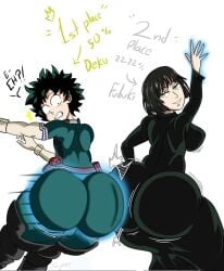 1boy 1girls ass ass_bigger_than_head ass_focus ass_in_dress ass_to_ass big_ass big_breasts breasts bubble_butt bulge crossover english_text female femboy fubuki_(one-punch_man) green_eyes green_hair huge_ass izuku_midoriya large_ass male my_hero_academia one-punch_man poll_winner psychic_powers shounen_jump smile srjrgart text thick_thighs wide_hips