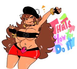 armpits belt_bra big_breasts bulge earrings errorplush female friday_night_funkin girlfriend_(friday_night_funkin) hairy_armpits hat long_hair painted_nails skirt sweat tan_body text