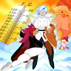 1girls 2022 2boys 2d_(artwork) alternate_version_available aura big_breasts black_legwear blue_hair breasts butt captain_ice_cookie captain_kirb clothed cookie_run cookie_run_kingdom digital_media_(artwork) female holding_legs hugging ice long_hair male melting pancake_cookie red_eyes red_hair short_hair sun temperature thick_thighs thighs uniform vampire_cookie white_eyebrows