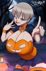 1girls alternate_version_available big_breasts black_skirt blue_eyes bottomwear breasts cleavage female female_only grey_hair hair halloween halloween_costume huge_breasts large_breasts legwear nightmare_hdraw ribbon short_hair skirt smile solo solo_female thick_thighs thighhighs thighs topwear uzaki-chan_wa_asobitai! uzaki_hana