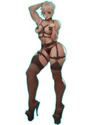 1girls fishnet full_body high_heels lingerie outline short_hair solo standing stiletto_heels taped_nipples thatmfdiego very_high_heels white_background white_hair